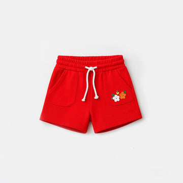 RED DOUBLE POCKET FLOWERS PRINT SHORTS FOR GIRLS